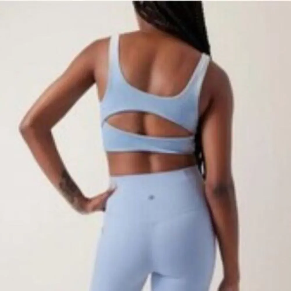 Athleta Plush Velvet Cut Out Crop A-C Scoop Neck Sports Bra In Blue Size XL
